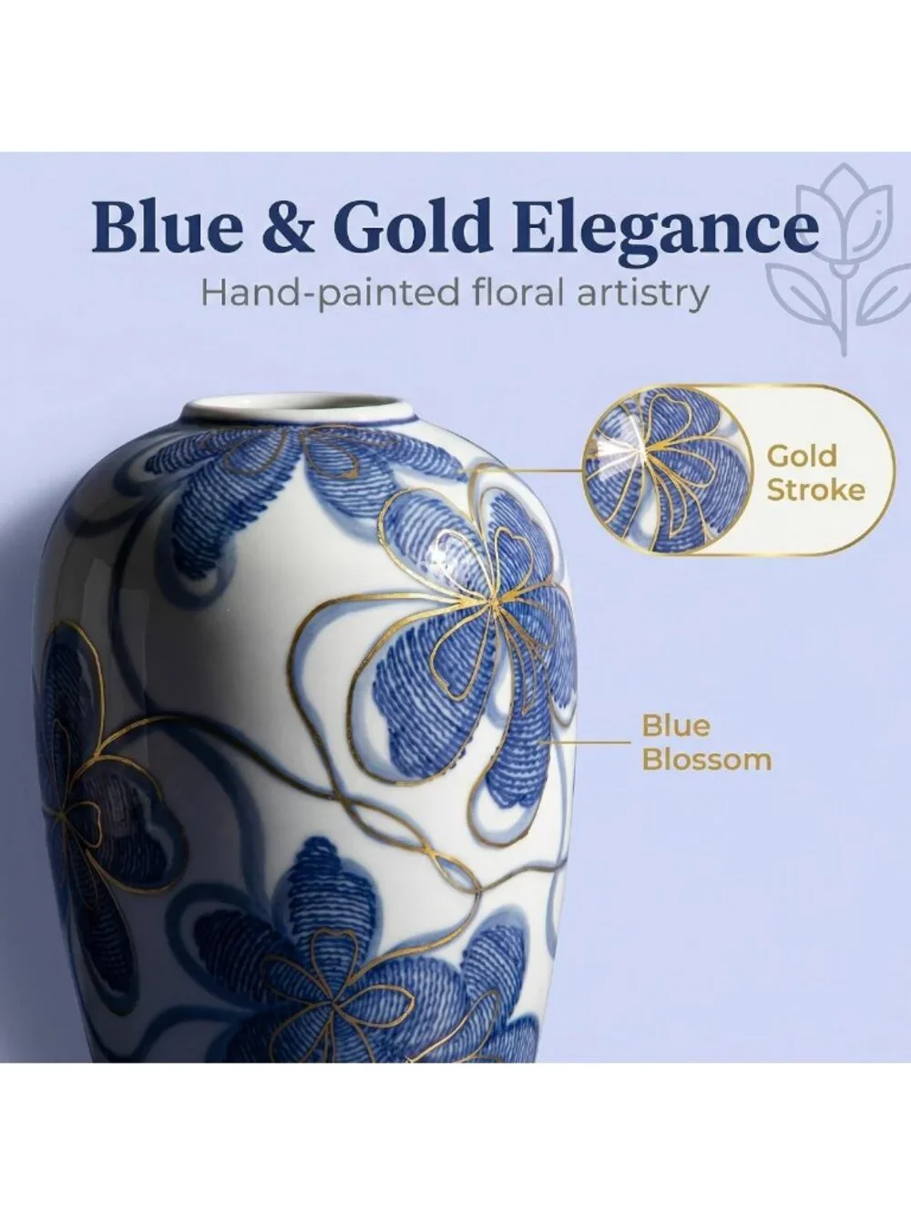 Hand-Painted Blue & White Ceramic Flower Vase with Gold Accents - 9
